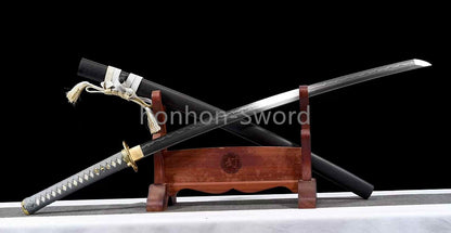 Japanisches Samurai-Schwert Katana aus schwarzem gefaltetem Stahl, Full Tang, handgefertigt, scharfe Klinge, schwarz 