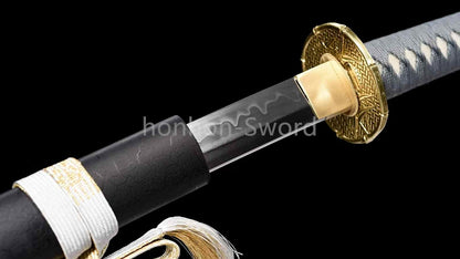 Japanisches Samurai-Schwert Katana aus schwarzem gefaltetem Stahl, Full Tang, handgefertigt, scharfe Klinge, schwarz 