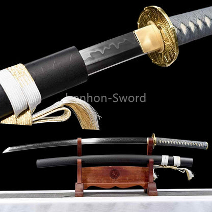 Japanisches Samurai-Schwert Katana aus schwarzem gefaltetem Stahl, Full Tang, handgefertigt, scharfe Klinge, schwarz 