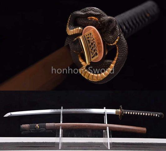 Japanisches Samurai-Schwert Katana aus schwarzem gefaltetem Stahl, Full Tang, handgefertigt, scharfe Klinge, schwarz 