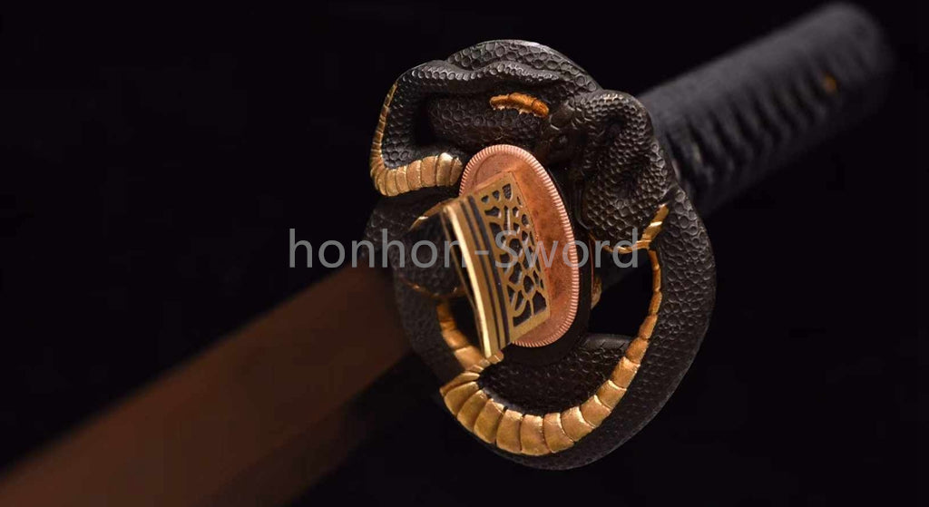 Japanisches Samurai-Schwert Katana aus schwarzem gefaltetem Stahl, Full Tang, handgefertigt, scharfe Klinge, schwarz 