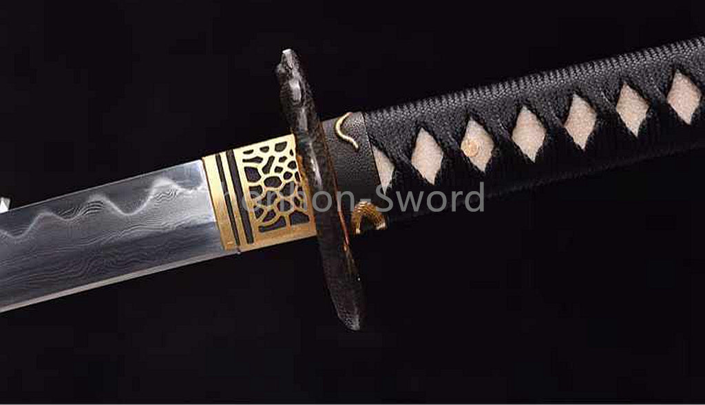 Japanisches Samurai-Schwert Katana aus schwarzem gefaltetem Stahl, Full Tang, handgefertigt, scharfe Klinge, schwarz 