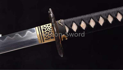 Japanisches Samurai-Schwert Katana aus schwarzem gefaltetem Stahl, Full Tang, handgefertigt, scharfe Klinge, schwarz 