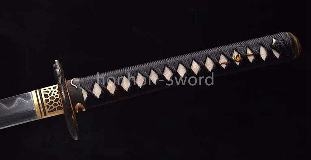 Japanisches Samurai-Schwert Katana aus schwarzem gefaltetem Stahl, Full Tang, handgefertigt, scharfe Klinge, schwarz 