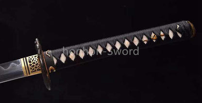 Japanisches Samurai-Schwert Katana aus schwarzem gefaltetem Stahl, Full Tang, handgefertigt, scharfe Klinge, schwarz 