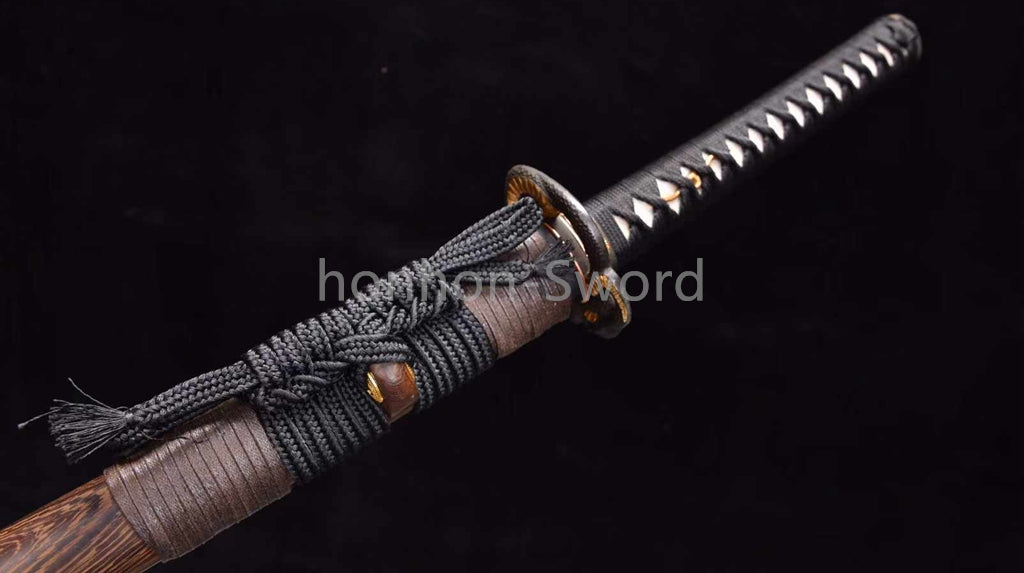 Japanisches Samurai-Schwert Katana aus schwarzem gefaltetem Stahl, Full Tang, handgefertigt, scharfe Klinge, schwarz 