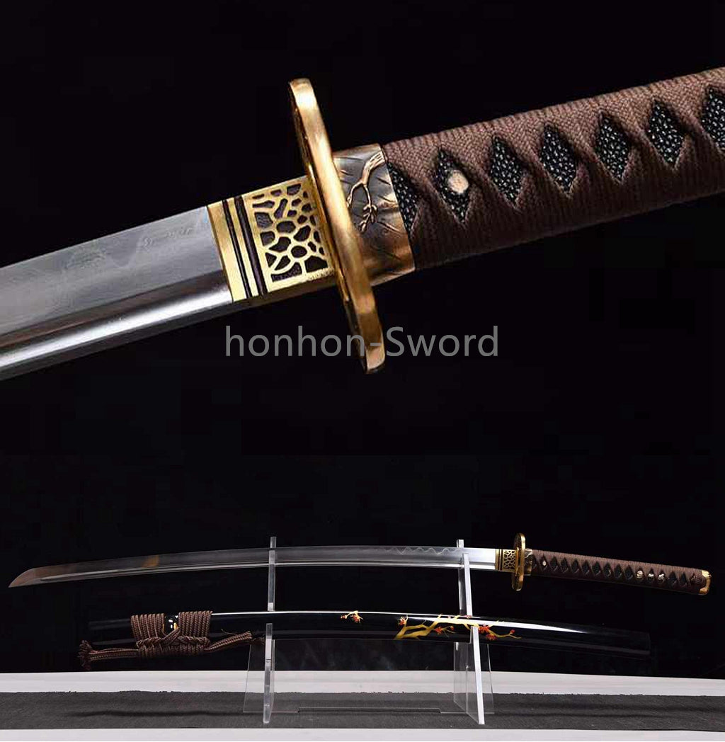 Japanisches Samurai-Schwert Katana aus schwarzem gefaltetem Stahl, Full Tang, handgefertigt, scharfe Klinge, schwarz 