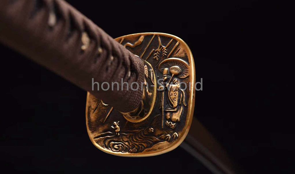 Japanisches Samurai-Schwert Katana aus schwarzem gefaltetem Stahl, Full Tang, handgefertigt, scharfe Klinge, schwarz 