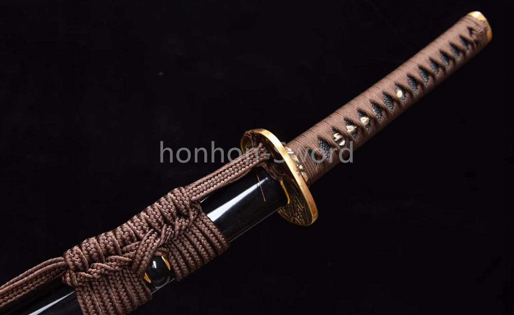 Japanisches Samurai-Schwert Katana aus schwarzem gefaltetem Stahl, Full Tang, handgefertigt, scharfe Klinge, schwarz 