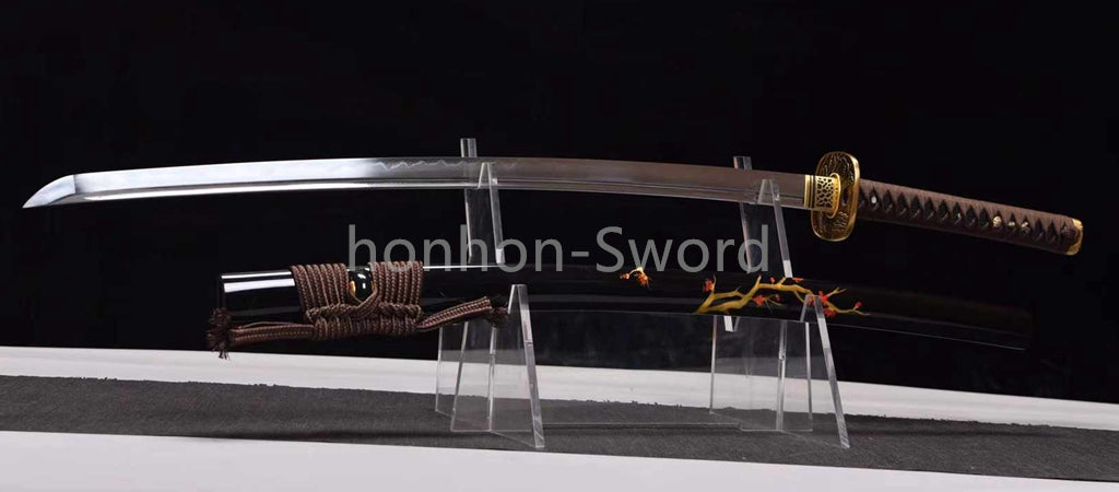 Japanisches Samurai-Schwert Katana aus schwarzem gefaltetem Stahl, Full Tang, handgefertigt, scharfe Klinge, schwarz 