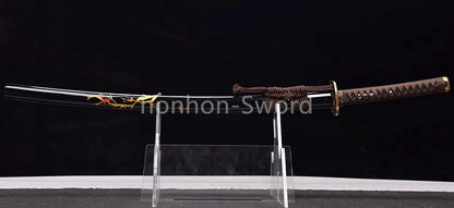 Japanisches Samurai-Schwert Katana aus schwarzem gefaltetem Stahl, Full Tang, handgefertigt, scharfe Klinge, schwarz 