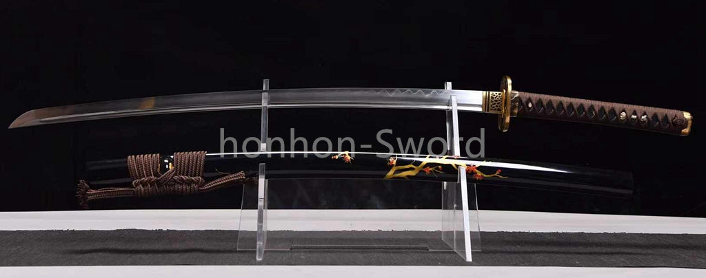 Japanisches Samurai-Schwert Katana aus schwarzem gefaltetem Stahl, Full Tang, handgefertigt, scharfe Klinge, schwarz 