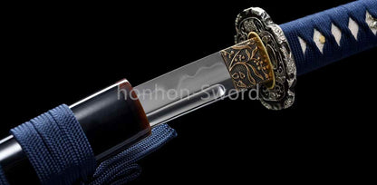 Katana Sword Japanese 12inch Damascus Folded Steel Clay Tempered Gilded Silvered Fittings Real Sword