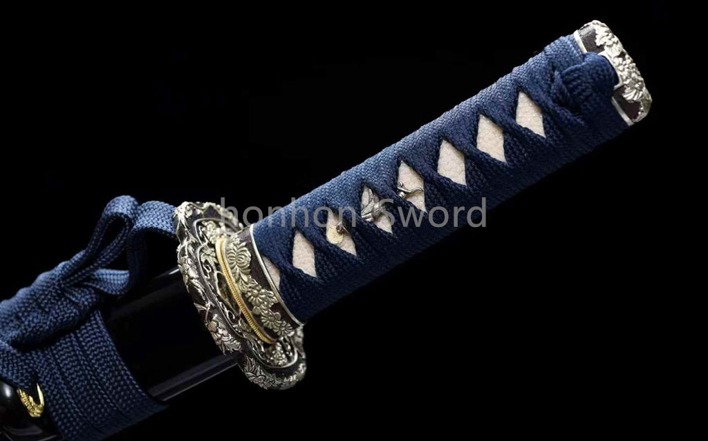 Katana Sword Japanese 12inch Damascus Folded Steel Clay Tempered Gilded Silvered Fittings Real Sword