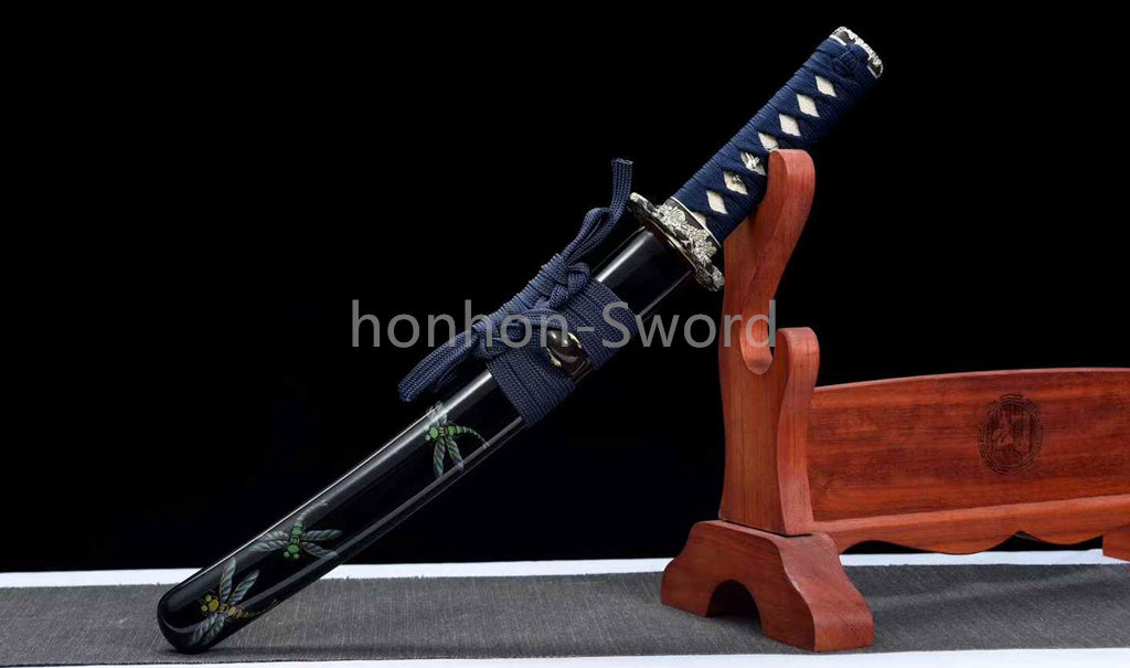 Katana Sword Japanese 12inch Damascus Folded Steel Clay Tempered Gilded Silvered Fittings Real Sword