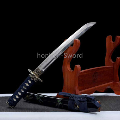 Katana Sword Japanese 12inch Damascus Folded Steel Clay Tempered Gilded Silvered Fittings Real Sword