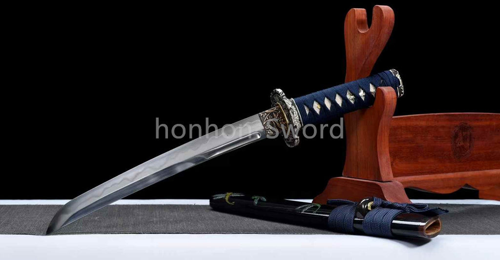 Katana Sword Japanese 12inch Damascus Folded Steel Clay Tempered Gilded Silvered Fittings Real Sword