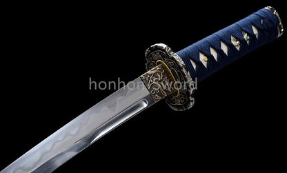 Katana Sword Japanese 12inch Damascus Folded Steel Clay Tempered Gilded Silvered Fittings Real Sword