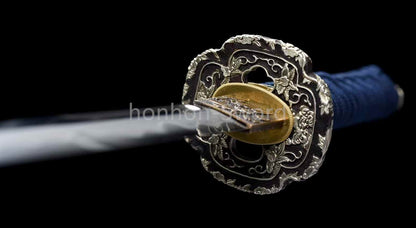 Katana Sword Japanese 12inch Damascus Folded Steel Clay Tempered Gilded Silvered Fittings Real Sword