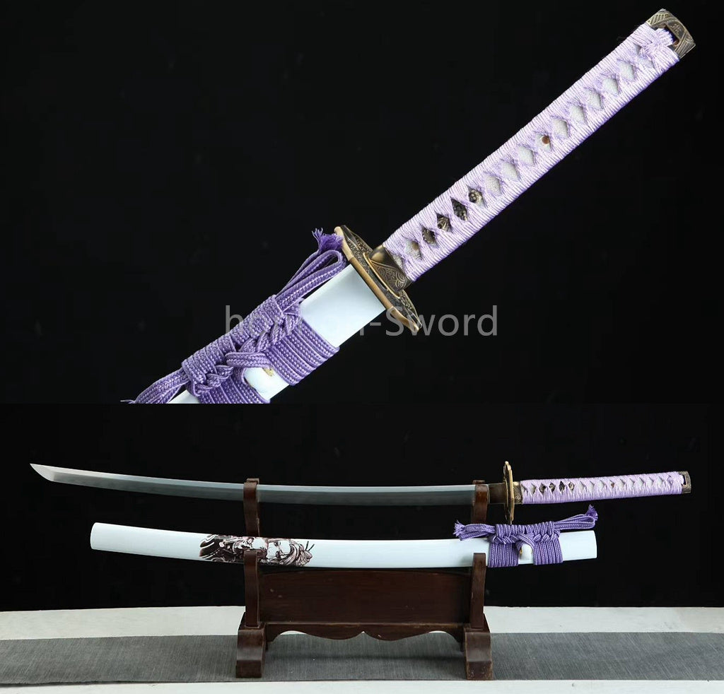 Japanisches Samurai-Schwert Katana aus schwarzem gefaltetem Stahl, Full Tang, handgefertigt, scharfe Klinge, schwarz 
