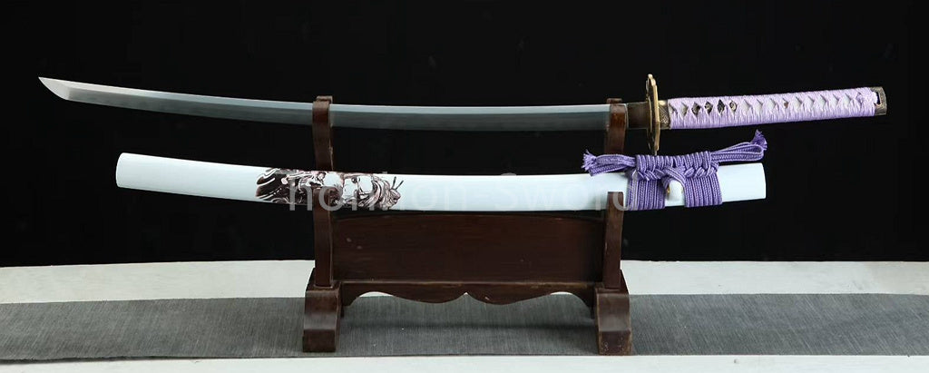 Japanisches Samurai-Schwert Katana aus schwarzem gefaltetem Stahl, Full Tang, handgefertigt, scharfe Klinge, schwarz 