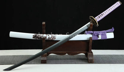 Japanisches Samurai-Schwert Katana aus schwarzem gefaltetem Stahl, Full Tang, handgefertigt, scharfe Klinge, schwarz 
