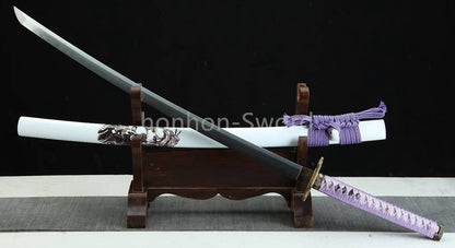 Japanisches Samurai-Schwert Katana aus schwarzem gefaltetem Stahl, Full Tang, handgefertigt, scharfe Klinge, schwarz 