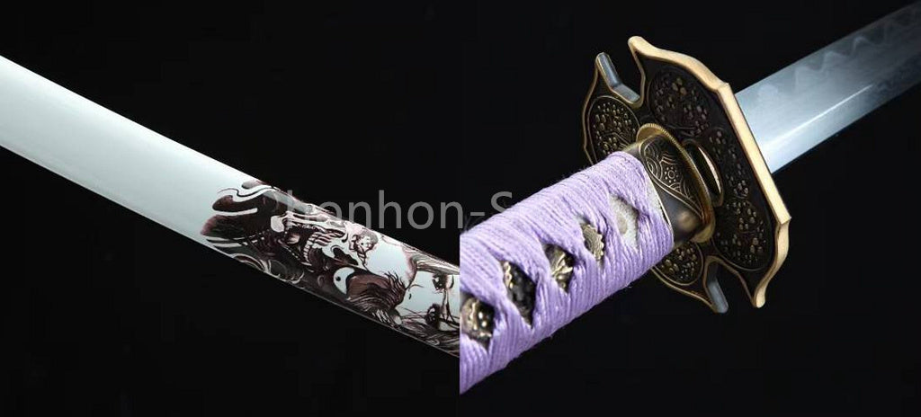 Japanisches Samurai-Schwert Katana aus schwarzem gefaltetem Stahl, Full Tang, handgefertigt, scharfe Klinge, schwarz 