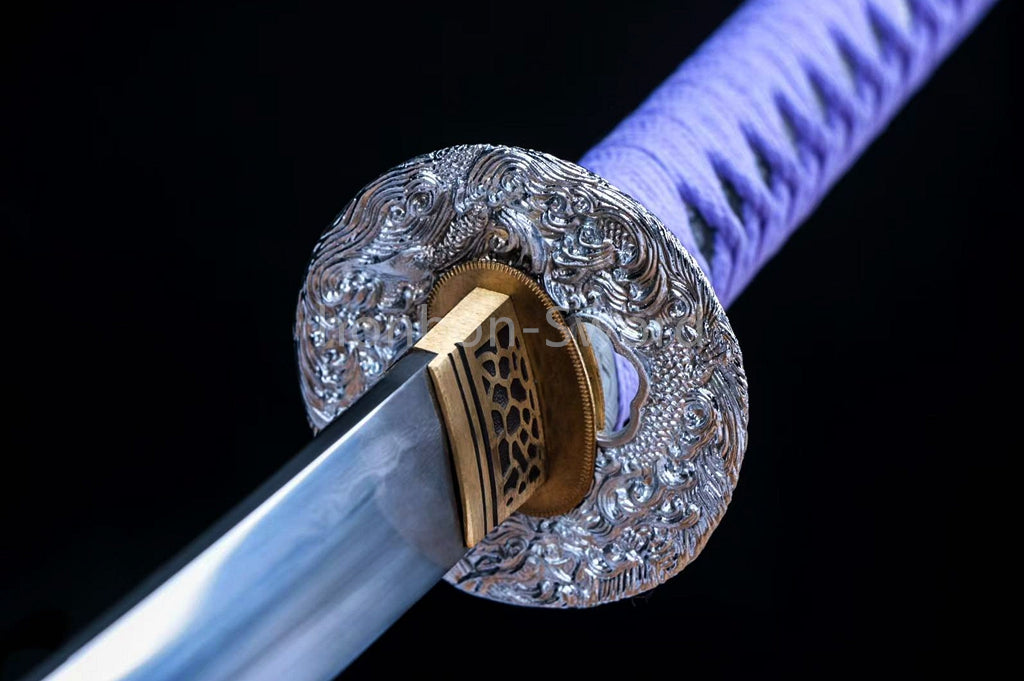 Japanisches Samurai-Schwert Katana aus schwarzem gefaltetem Stahl, Full Tang, handgefertigt, scharfe Klinge, schwarz 