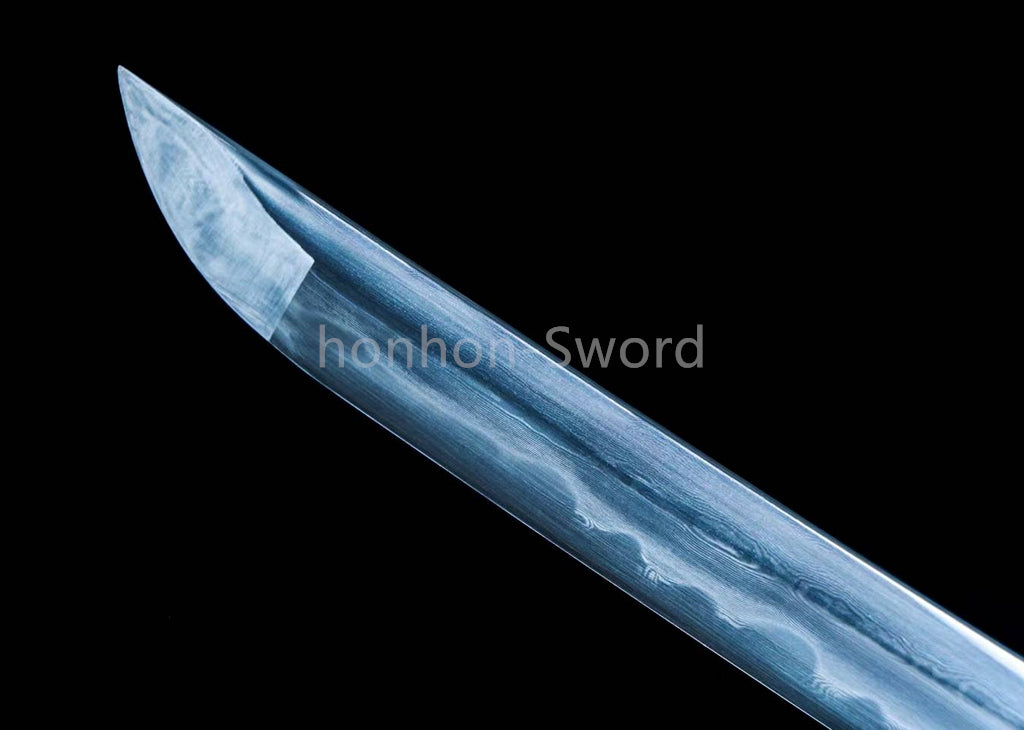 Japanisches Samurai-Schwert Katana aus schwarzem gefaltetem Stahl, Full Tang, handgefertigt, scharfe Klinge, schwarz 