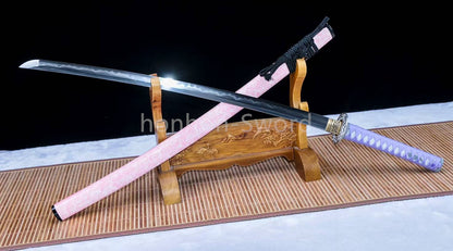 Japanisches Samurai-Schwert Katana aus schwarzem gefaltetem Stahl, Full Tang, handgefertigt, scharfe Klinge, schwarz 