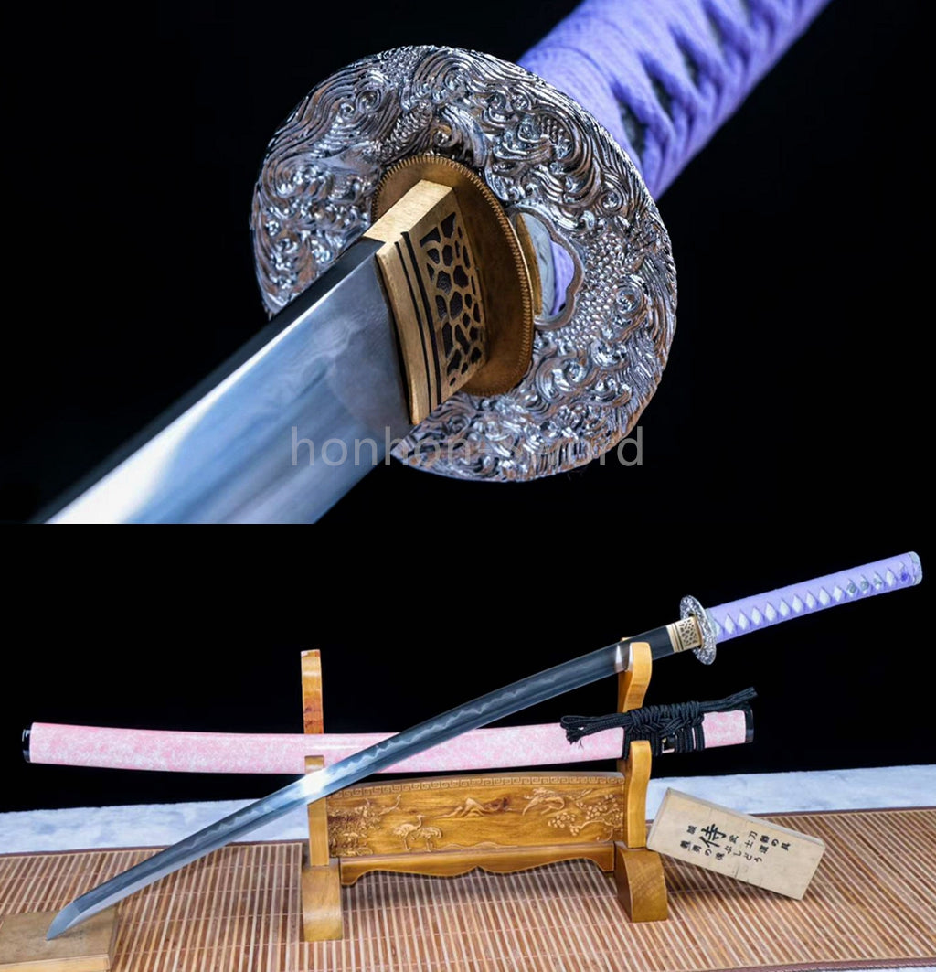 Japanisches Samurai-Schwert Katana aus schwarzem gefaltetem Stahl, Full Tang, handgefertigt, scharfe Klinge, schwarz 