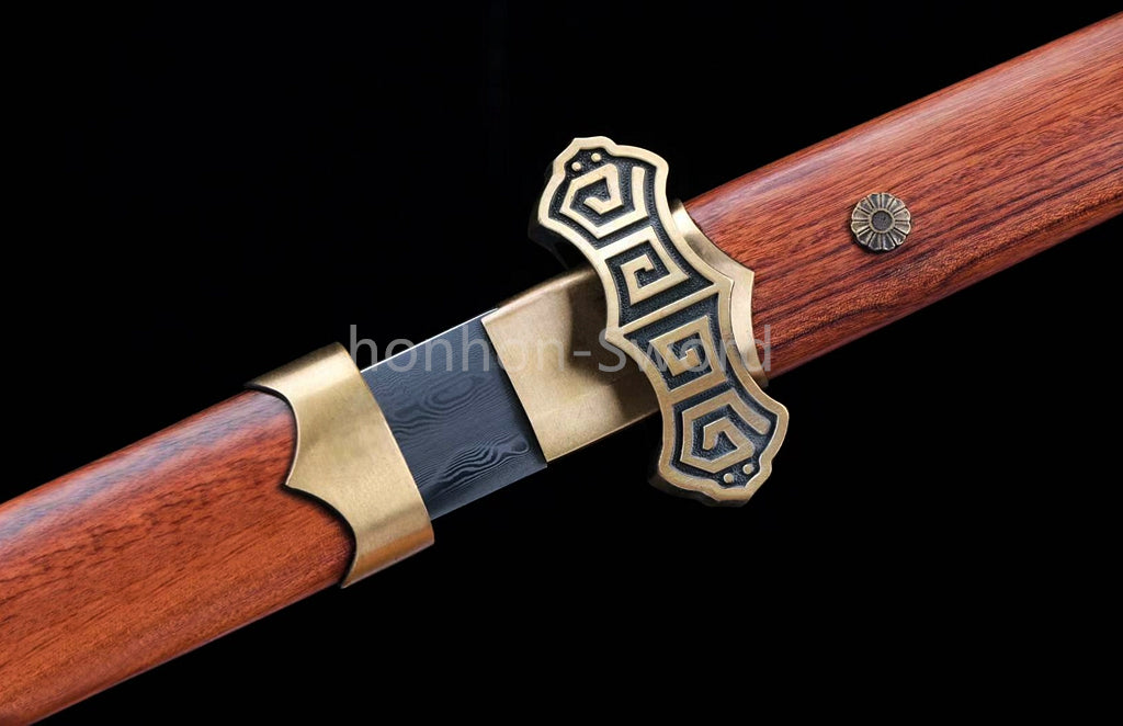 Damascus Folded Steel Clay Tempered Chinese Tang Dynasty Chokuto Dao Rosewood