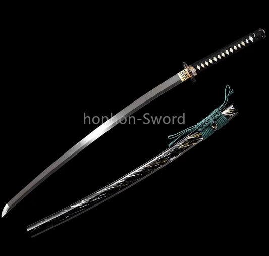 Japanisches Samurai-Schwert Katana aus schwarzem gefaltetem Stahl, Full Tang, handgefertigt, scharfe Klinge, schwarz 