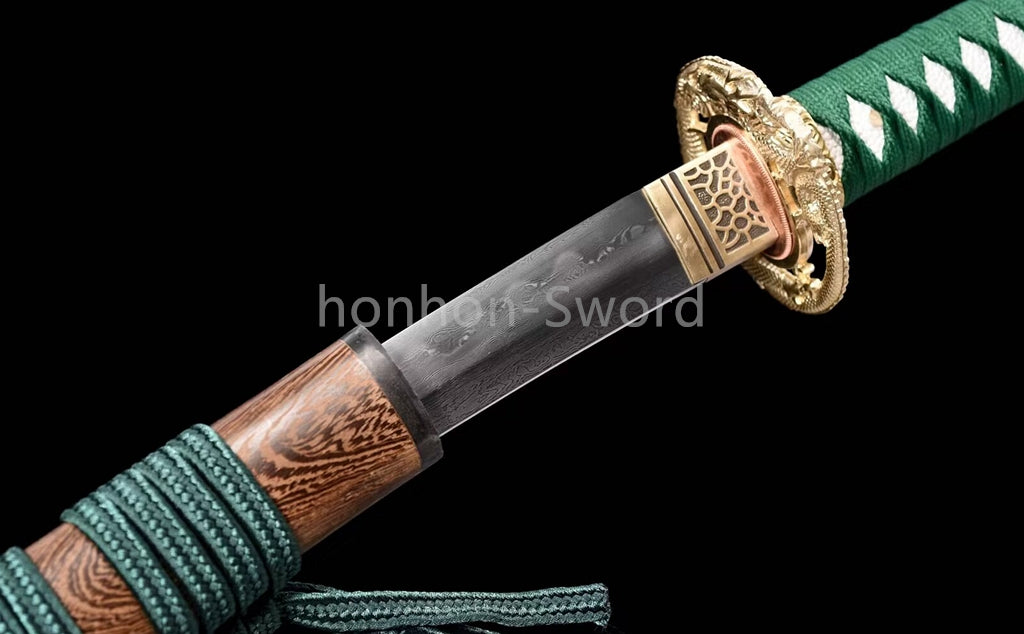 Japanisches Samurai-Schwert Katana aus schwarzem gefaltetem Stahl, Full Tang, handgefertigt, scharfe Klinge, schwarz 