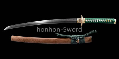 Japanisches Samurai-Schwert Katana aus schwarzem gefaltetem Stahl, Full Tang, handgefertigt, scharfe Klinge, schwarz 