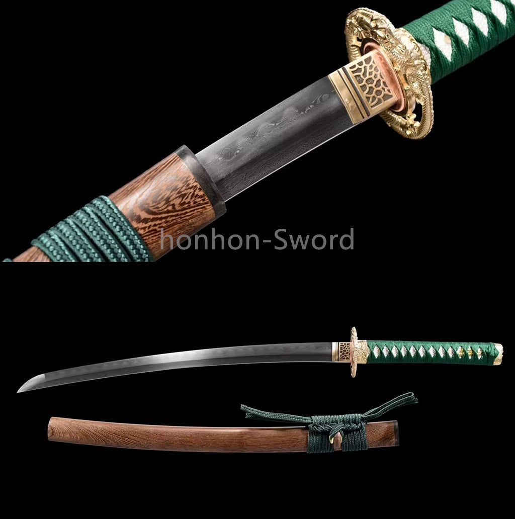 Japanisches Samurai-Schwert Katana aus schwarzem gefaltetem Stahl, Full Tang, handgefertigt, scharfe Klinge, schwarz 