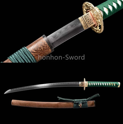 Japanisches Samurai-Schwert Katana aus schwarzem gefaltetem Stahl, Full Tang, handgefertigt, scharfe Klinge, schwarz 