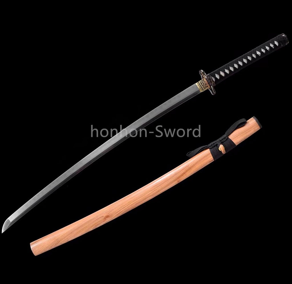 Japanisches Samurai-Schwert Katana aus schwarzem gefaltetem Stahl, Full Tang, handgefertigt, scharfe Klinge, schwarz 