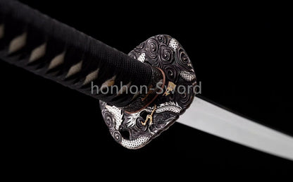 Japanisches Samurai-Schwert Katana aus schwarzem gefaltetem Stahl, Full Tang, handgefertigt, scharfe Klinge, schwarz 