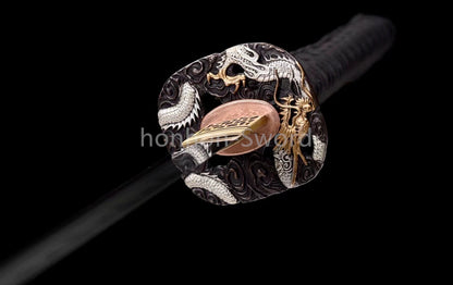 Japanisches Samurai-Schwert Katana aus schwarzem gefaltetem Stahl, Full Tang, handgefertigt, scharfe Klinge, schwarz 