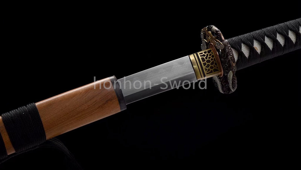 Japanisches Samurai-Schwert Katana aus schwarzem gefaltetem Stahl, Full Tang, handgefertigt, scharfe Klinge, schwarz 