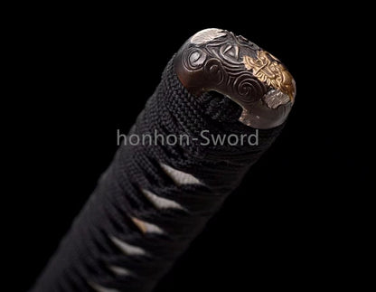 Japanisches Samurai-Schwert Katana aus schwarzem gefaltetem Stahl, Full Tang, handgefertigt, scharfe Klinge, schwarz 
