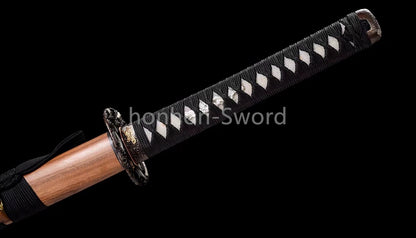 Japanisches Samurai-Schwert Katana aus schwarzem gefaltetem Stahl, Full Tang, handgefertigt, scharfe Klinge, schwarz 