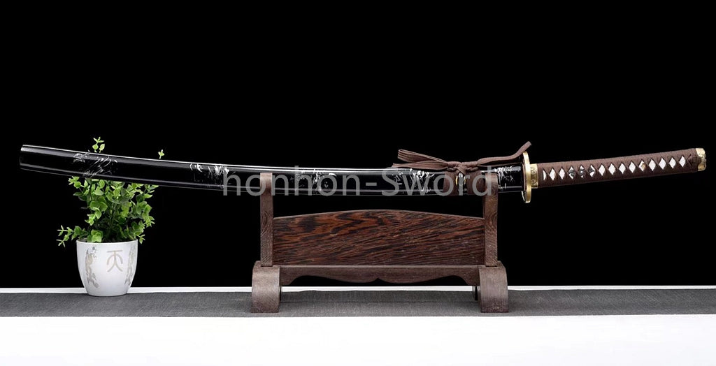 Japanisches Samurai-Schwert Katana aus schwarzem gefaltetem Stahl, Full Tang, handgefertigt, scharfe Klinge, schwarz 