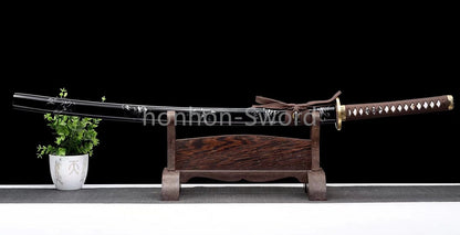 Japanisches Samurai-Schwert Katana aus schwarzem gefaltetem Stahl, Full Tang, handgefertigt, scharfe Klinge, schwarz 