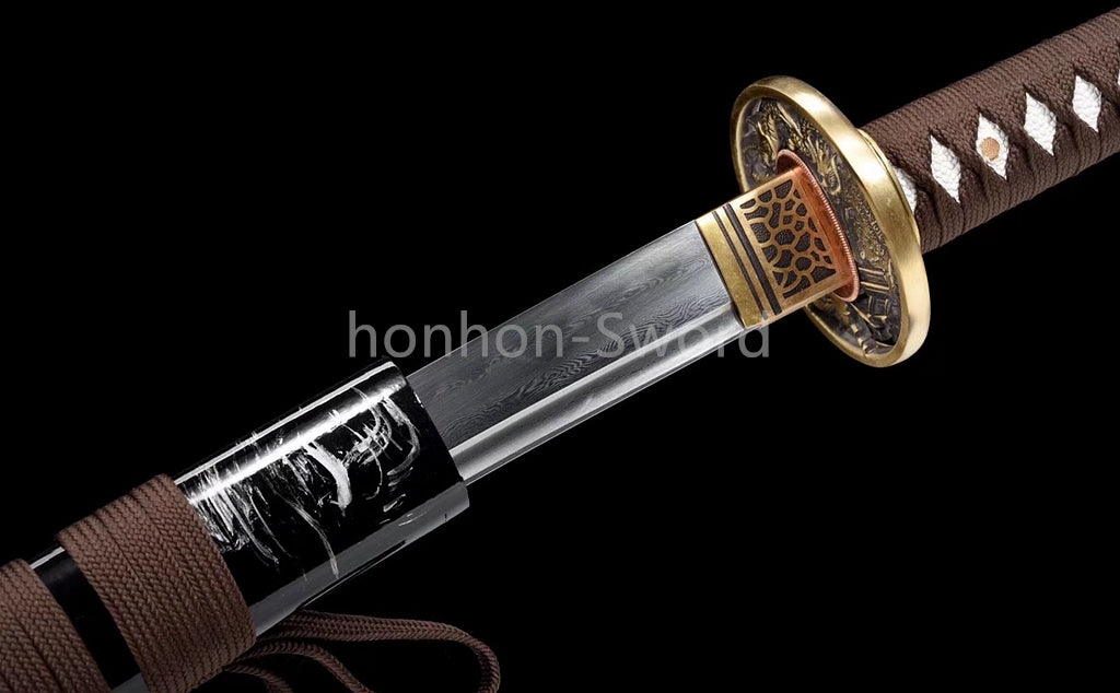 Japanisches Samurai-Schwert Katana aus schwarzem gefaltetem Stahl, Full Tang, handgefertigt, scharfe Klinge, schwarz 