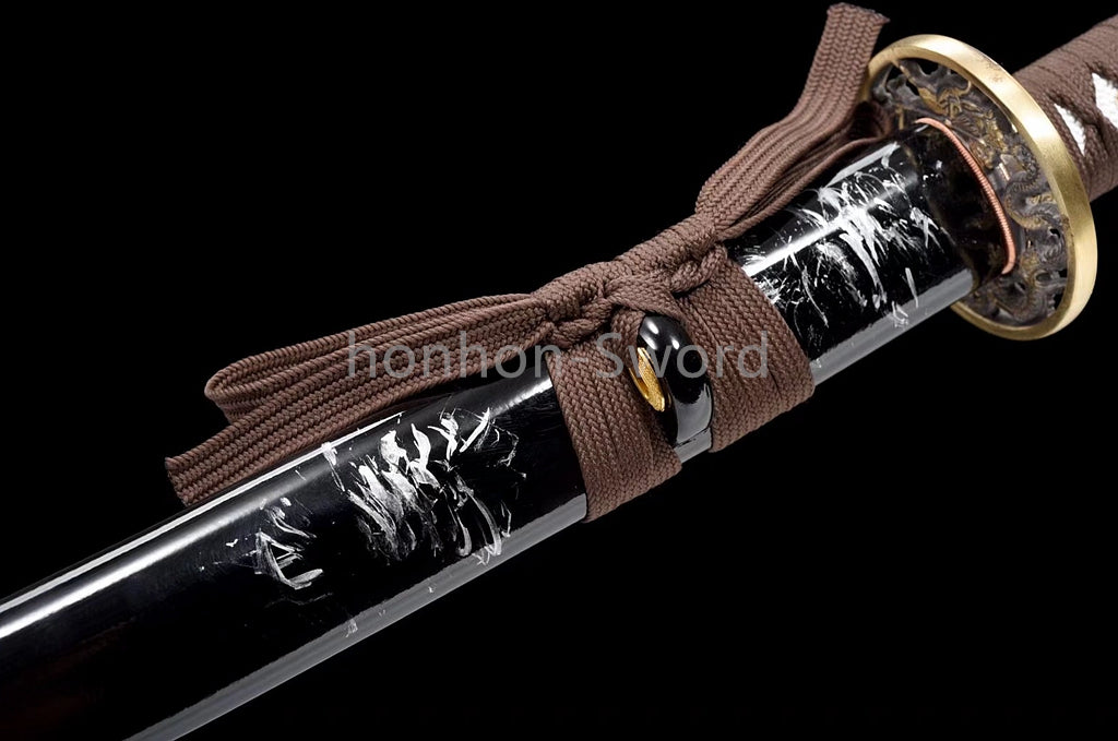 Japanisches Samurai-Schwert Katana aus schwarzem gefaltetem Stahl, Full Tang, handgefertigt, scharfe Klinge, schwarz 