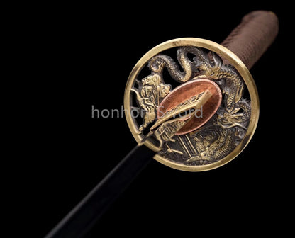 Japanisches Samurai-Schwert Katana aus schwarzem gefaltetem Stahl, Full Tang, handgefertigt, scharfe Klinge, schwarz 