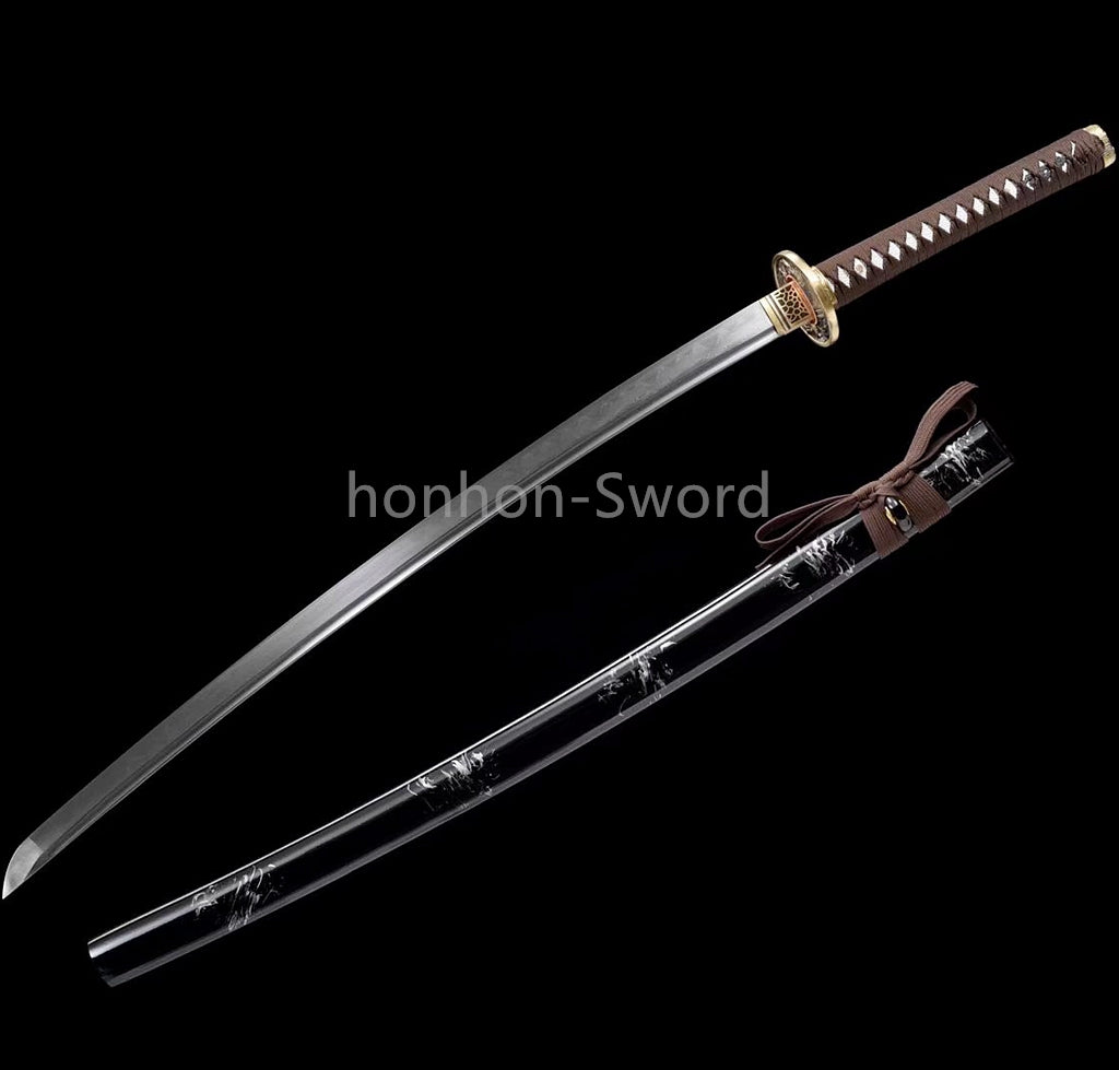 Japanisches Samurai-Schwert Katana aus schwarzem gefaltetem Stahl, Full Tang, handgefertigt, scharfe Klinge, schwarz 